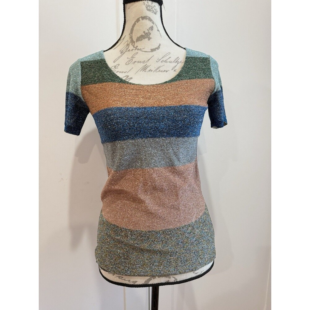 VTG Chloe Stripe Metallic Knit Stretch Short Sleeve Scoop Neck Top Sz S/M